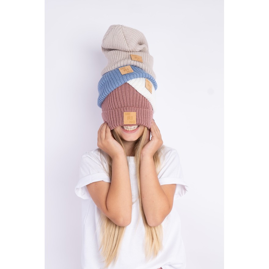 Merino czapka beżowa 100% wełna podwijana jesień zima