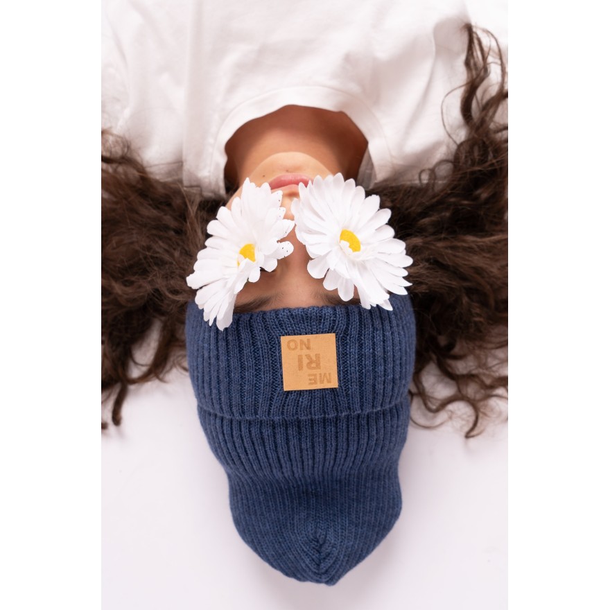 Merino czapka jeans 100% wełna podwijana jesień zima