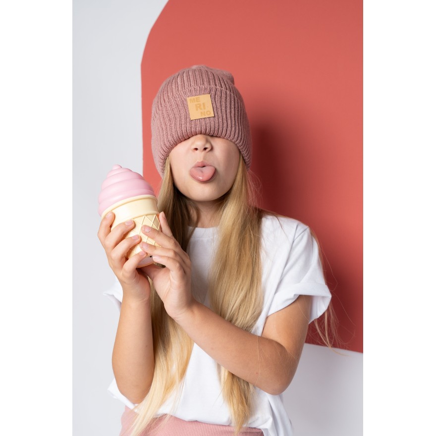 Merino czapka różowa 100% wełna podwijana jesień zima