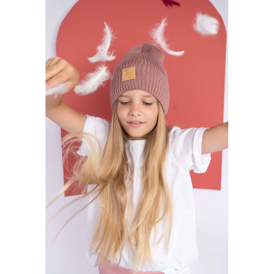 Merino czapka różowa 100% wełna podwijana jesień zima