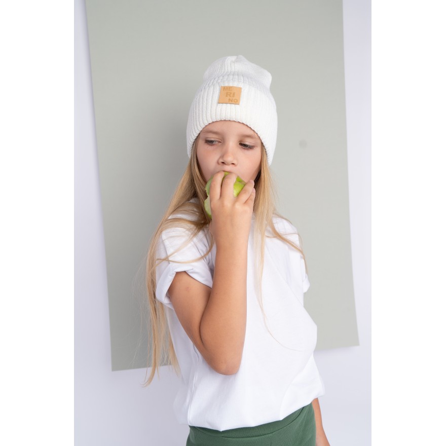 Merino czapka ecru 100% wełna podwijana jesień zima