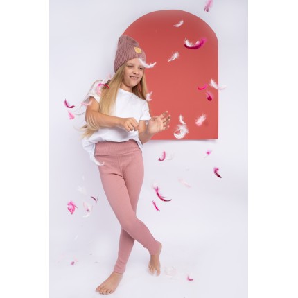 Różowe LEGGINSY Z PRĄŻKA długie getry dziewczęce prążek regulowane w pasie