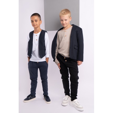 Granatowy jeans eleganckie spodnie wizytowe z wyciąganą gumką prążek slim komunia szkoła