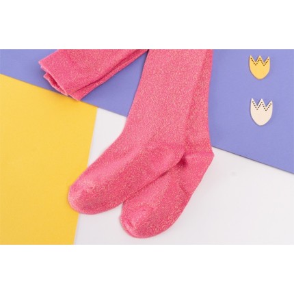 Różowe rajstopy bawełniane ze złotą błyszczącą nitką dziewczęce brokatowe