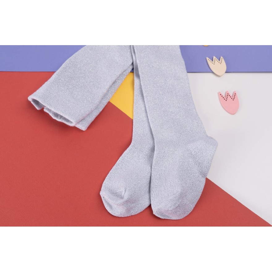 Białe rajstopy bawełniane ze srebrną błyszczącą nitką dziewczęce brokatowe