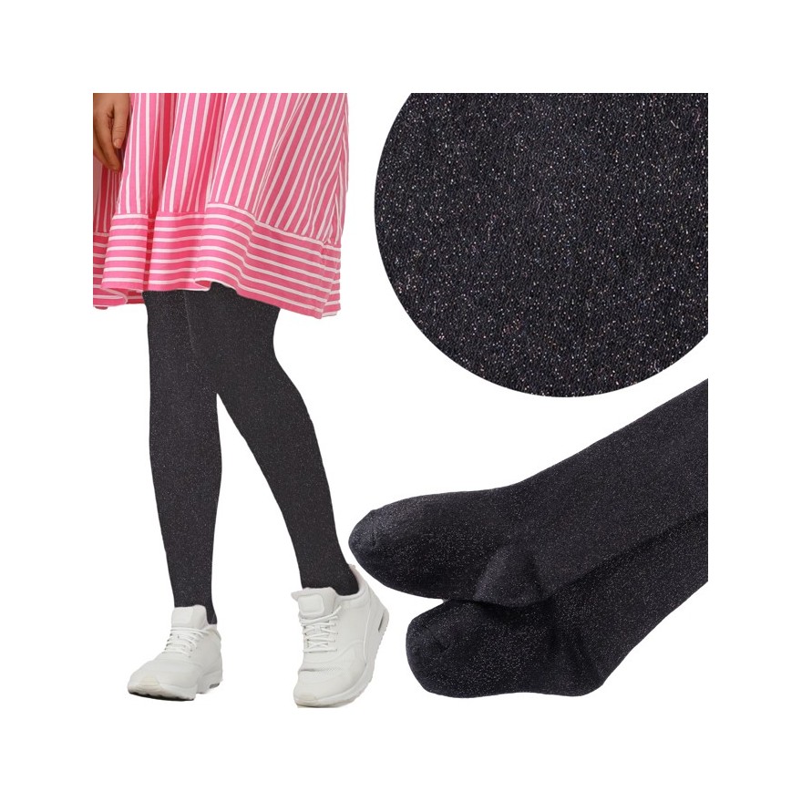 Czarne rajstopy bawełniane z czarną błyszczącą nitką dziewczęce brokatowe