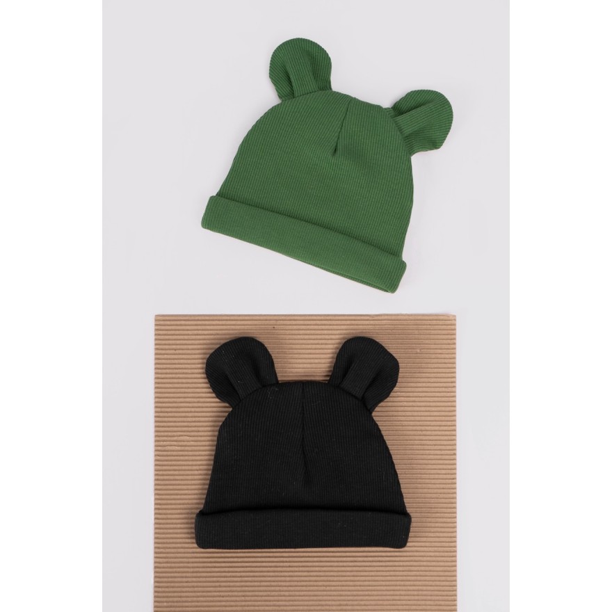 2PAK CZAPKA niemowlęca bawełniana czarna zielona prążek uszy wyprawka