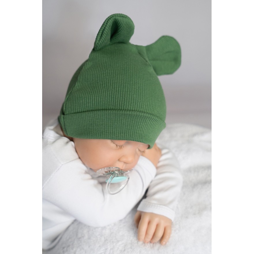 2PAK CZAPKA niemowlęca bawełniana czarna zielona prążek uszy wyprawka