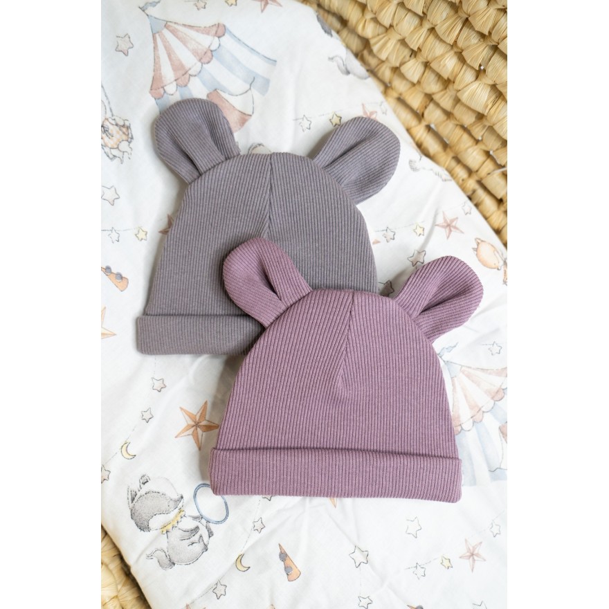 2PAK CZAPKA niemowlęca bawełniana lila grafit prążek uszy wyprawka