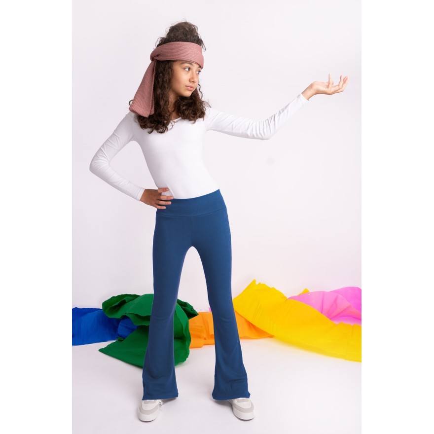 Granatowe SPODNIE legginsy FLARE getry rozszerzane dzwony PRĄŻEK regulowane w pasie