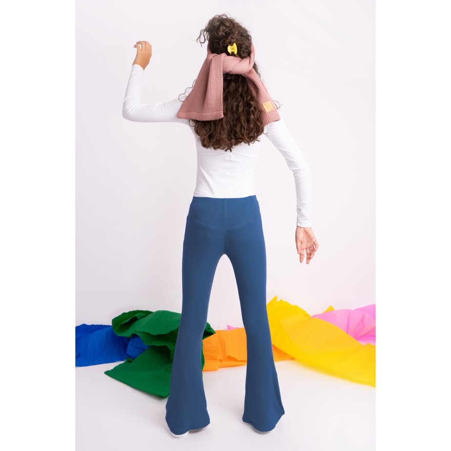 Granatowe SPODNIE legginsy FLARE getry rozszerzane dzwony PRĄŻEK regulowane w pasie