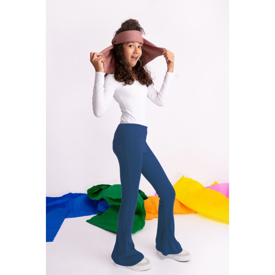 Granatowe SPODNIE legginsy FLARE getry rozszerzane dzwony PRĄŻEK regulowane w pasie