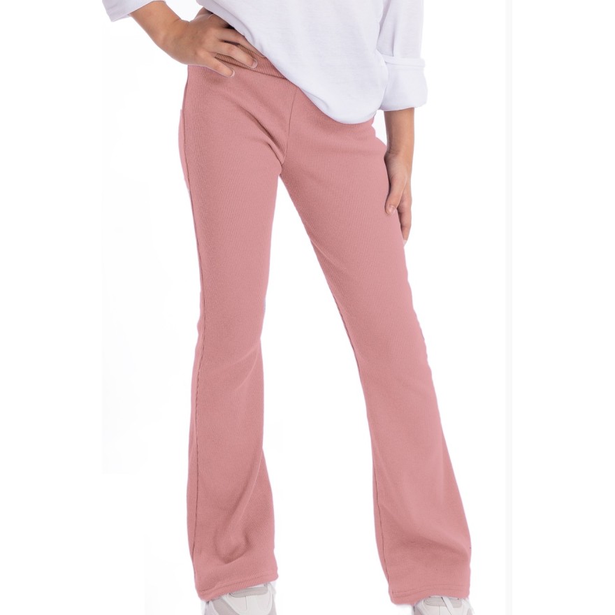 Różowe SPODNIE legginsy FLARE getry rozszerzane dzwony PRĄŻEK regulowane w pasie