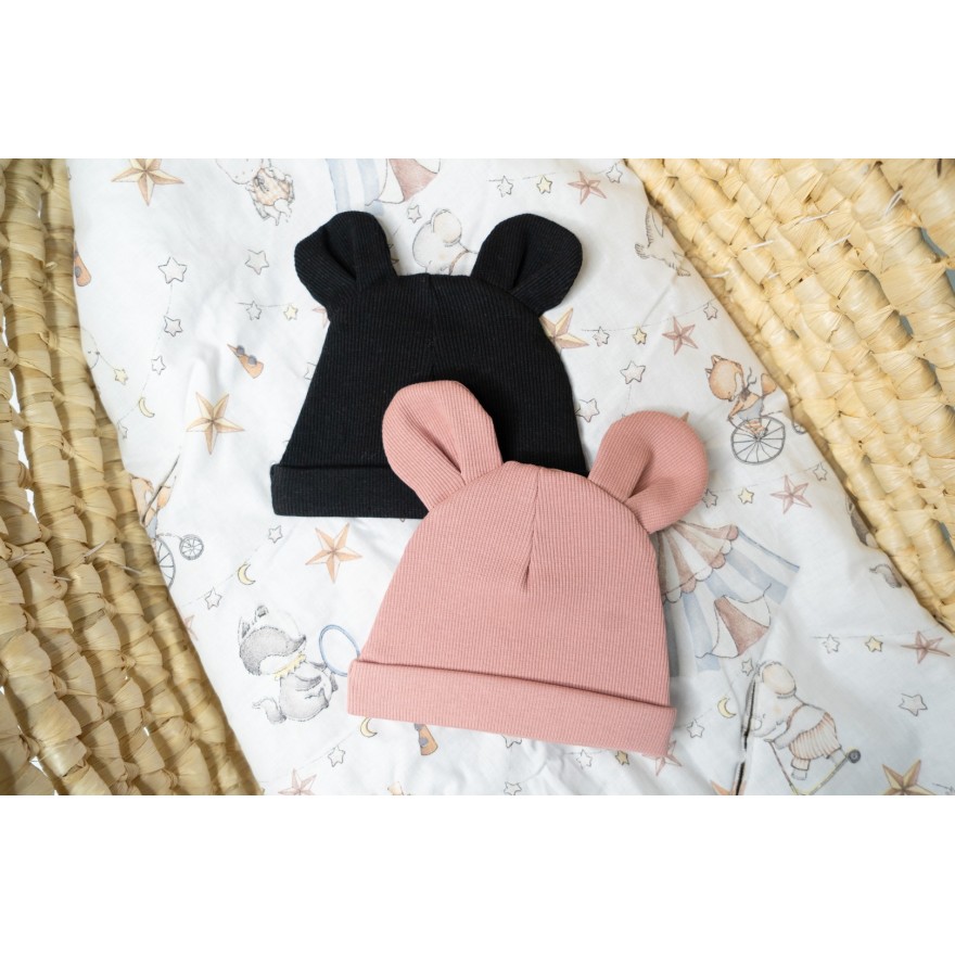 2PAK CZAPKA niemowlęca bawełniana róż czarny prążek uszy wyprawka