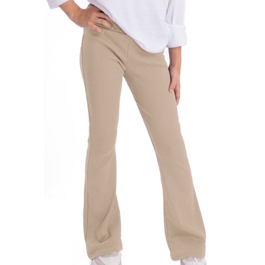 Beżowe SPODNIE legginsy FLARE getry rozszerzane dzwony PRĄŻEK regulowane w pasie