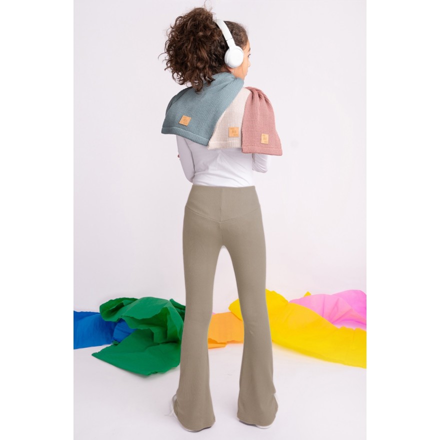 Brązowe SPODNIE legginsy FLARE getry rozszerzane dzwony PRĄŻEK regulowane w pasie