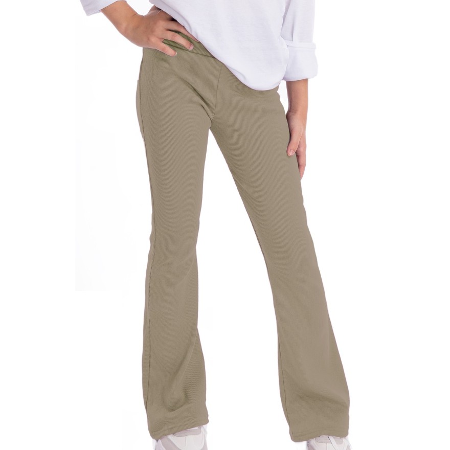 Brązowe SPODNIE legginsy FLARE getry rozszerzane dzwony PRĄŻEK regulowane w pasie