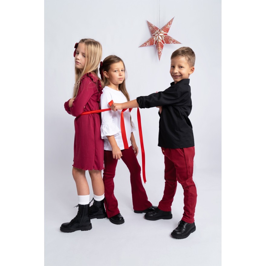 Bordowa SUKIENKA gładka z falbanką długi rękaw święta