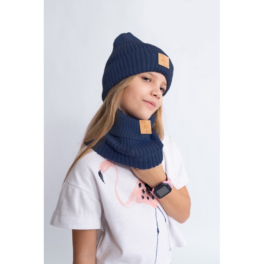 Merino czapka jeans 100% wełna podwijana jesień zima