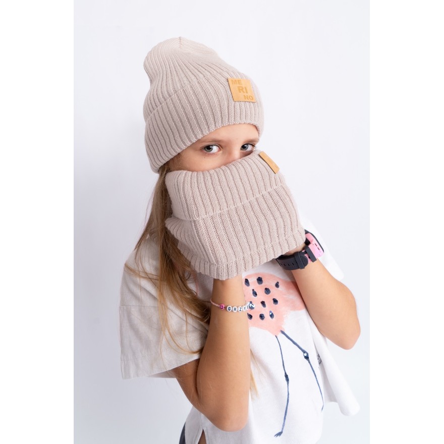 Merino komin beżowy dziecięcy 100% wełna one size jesień zima
