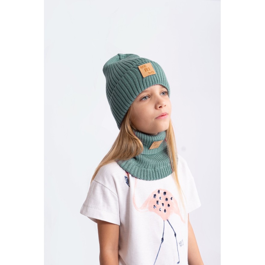 Merino czapka szałwia 100% wełna podwijana jesień zima