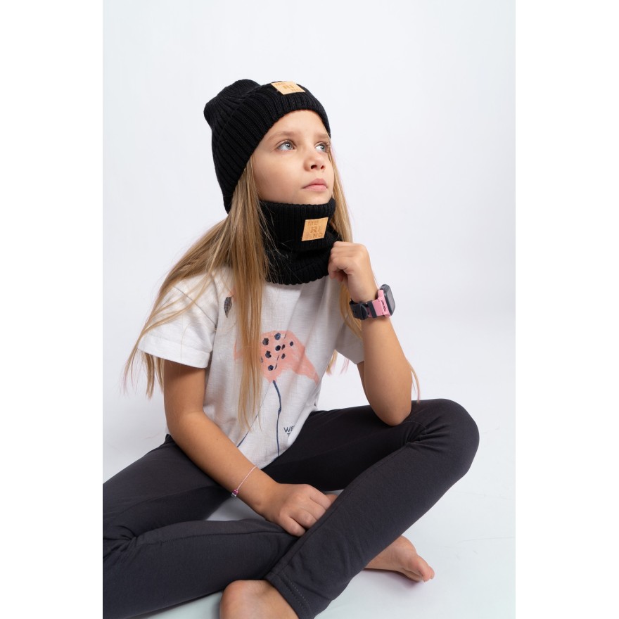 Merino czapka czarna 100% wełna podwijana jesień zima