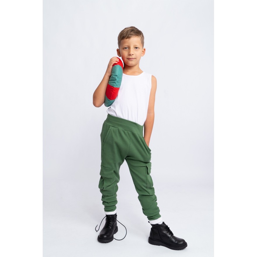 Khaki BOJÓWKI z kieszeniami spodnie bawełniane PRĄŻEK regulowane w pasie