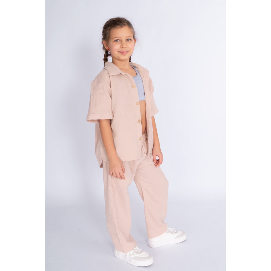 Brązowa beż MUŚLINOWA KOSZULA z krótkim rękawem i kołnierzykiem lekka na lato