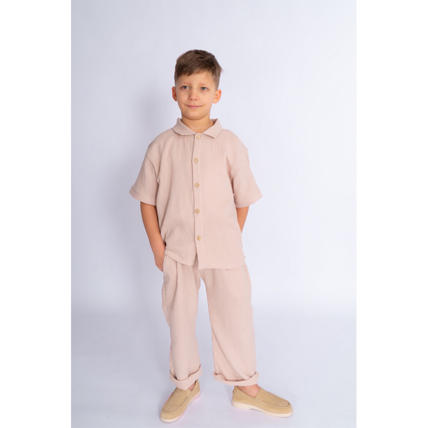 Brązowa beż MUŚLINOWA KOSZULA z krótkim rękawem i kołnierzykiem lekka na lato