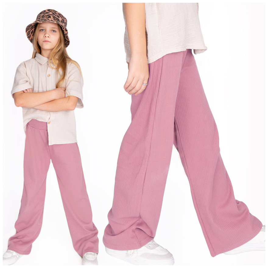 Brudny róż spodnie szeroka nogawka wide leg prążek z wyciąganą gumką wiosna lato