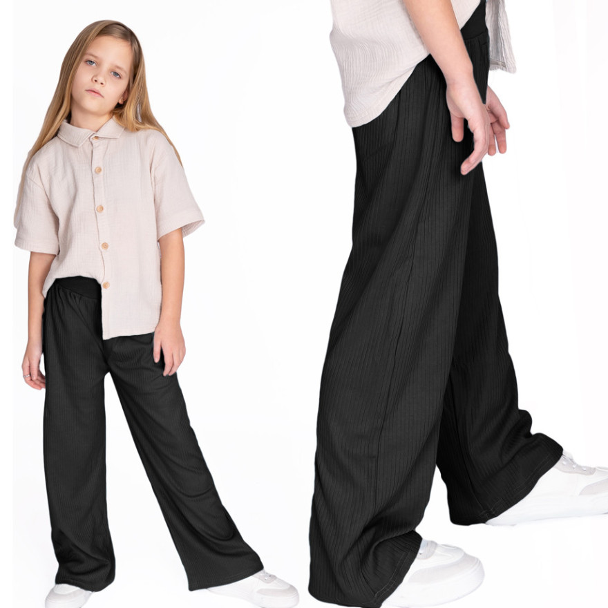 Czarne spodnie szeroka nogawka wide leg prążek regulowane w pasie wiosna lato szkoła