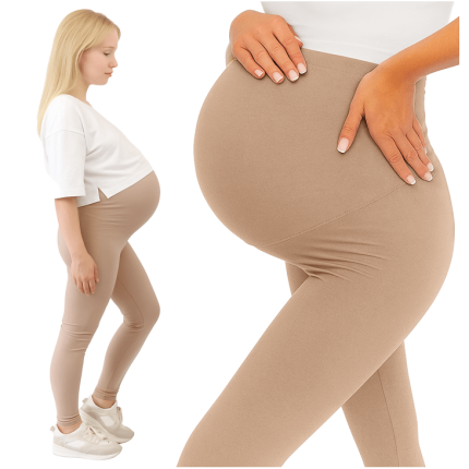 Legginsy ciążowe MAMA beżowe bezuciskowe z panelem getry wiosna lato