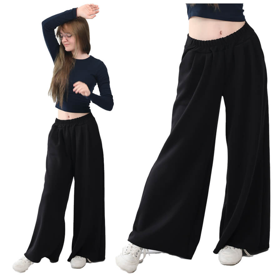 Spodnie eleganckie BELLA czarne WIZYTOWE dziewczęce gładkie z rozszerzanymi nogawkami i regulowaną gumką