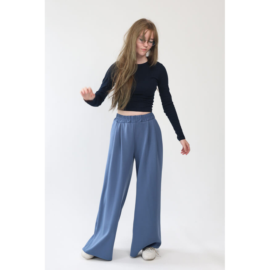 Spodnie eleganckie BELLA jeansowe WIZYTOWE dziewczęce gładkie z rozszerzanymi nogawkami i regulowaną gumką