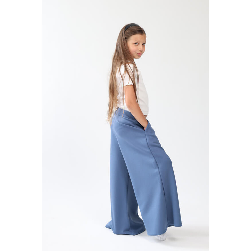 Spodnie eleganckie BELLA jeansowe WIZYTOWE dziewczęce gładkie z rozszerzanymi nogawkami i regulowaną gumką