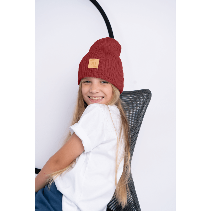 Merino czapka bordowa 100% wełna podwijana jesień zima