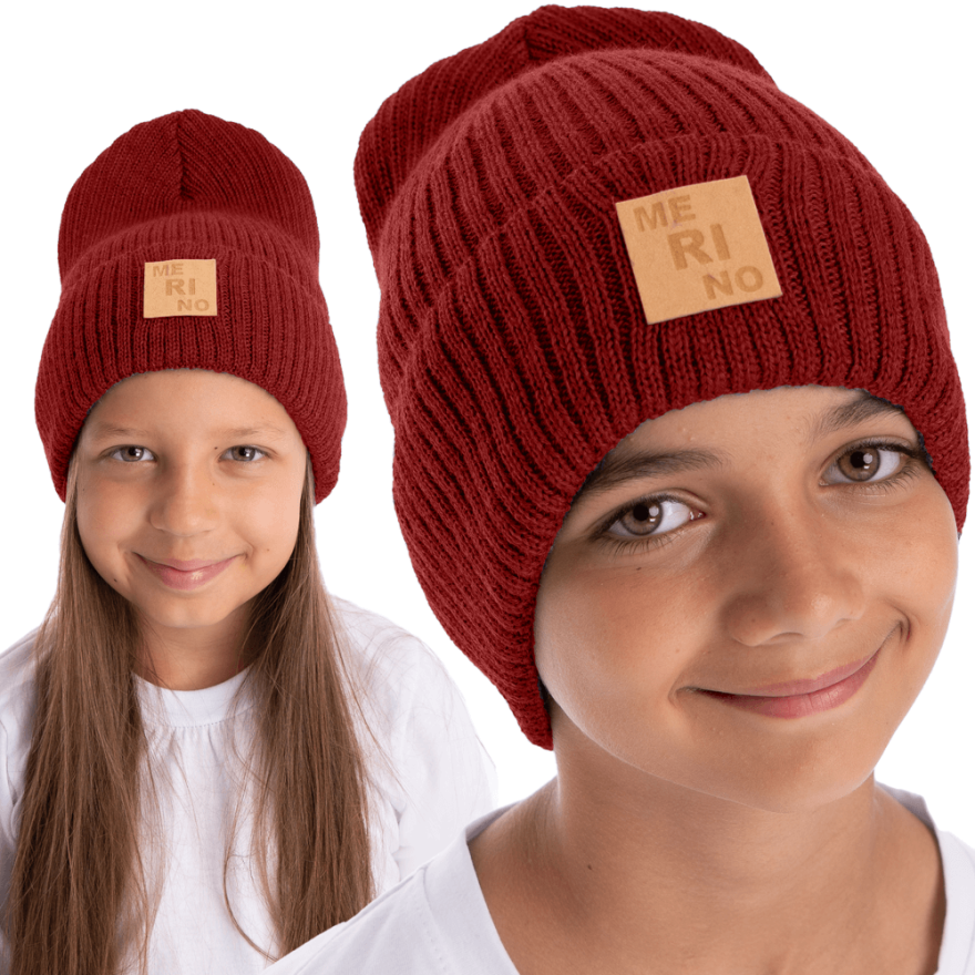 Merino czapka bordowa 100% wełna podwijana jesień zima