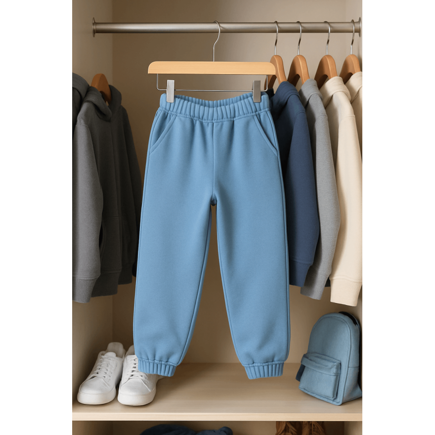 Spodnie dresowe ocieplane MOVE niebieskie NA MESZKU szerokie ze ściągaczami regulowane w pasie