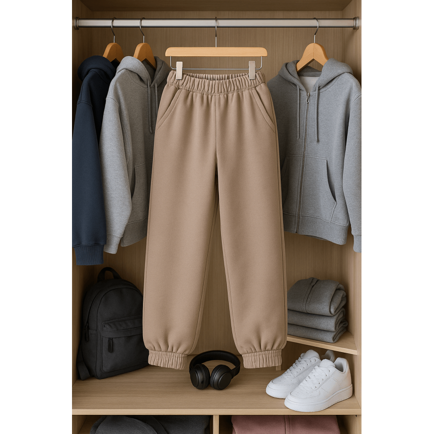 Spodnie dresowe ocieplane MOVE beżowe NA MESZKU szerokie ze ściągaczami regulowane w pasie