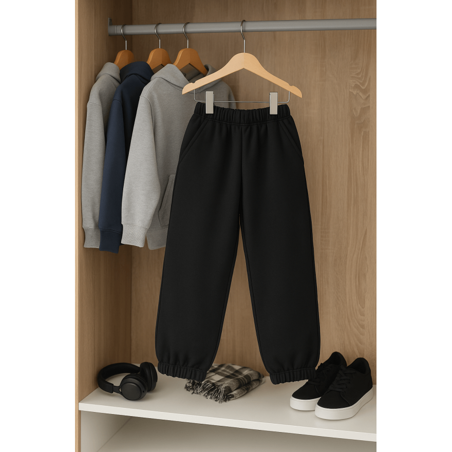 Spodnie dresowe ocieplane MOVE czarne NA MESZKU szerokie ze ściągaczami regulowane w pasie