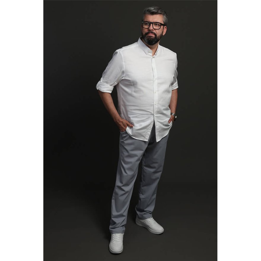 Spodnie męskie CASUAL szare z prostą nogawką i regulacją w pasie