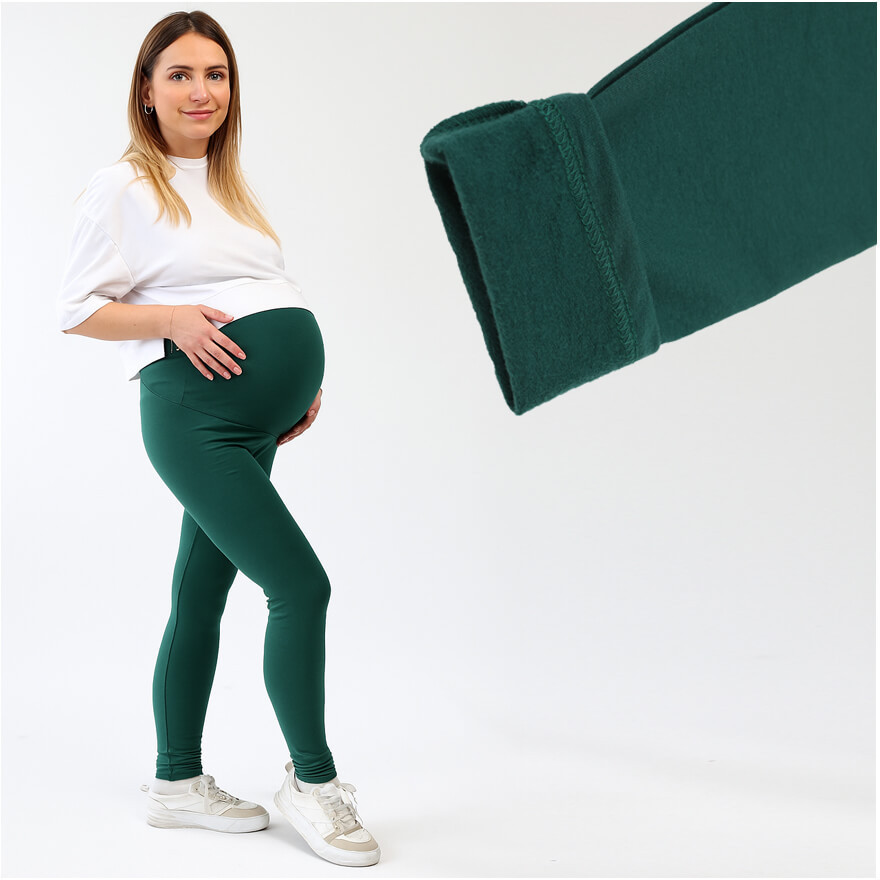 Legginsy ciążowe MAMA butelkowa zieleń OCIEPLANE bezuciskowe z panelem getry jesień zima