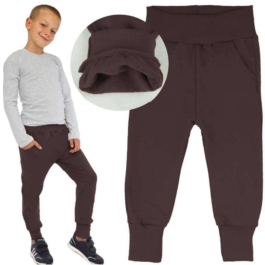 Spodnie ocieplane O-NEON brązowy ciemny na meszku z wyciąganą gumką