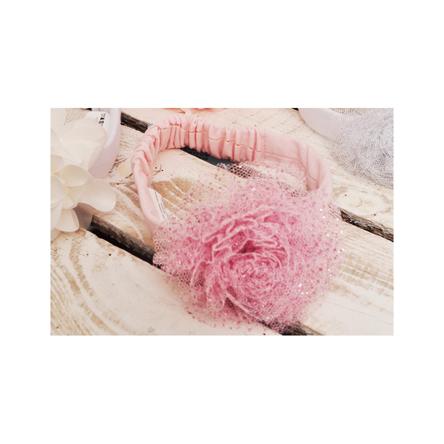 OPASKA LENKA z tiulowym kwiatem r. 38-42 różowa opaska z brokatem 0-6msc 56 62 68