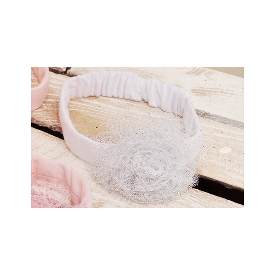 OPASKA LENKA z tiulowym kwiatem biała opaska z brokatem 0-6msc 56 62 68 CHRZEST