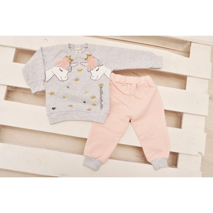 Komplet dziewczęcy spodnie szara bluza z nadrukiem DRES jednorożce