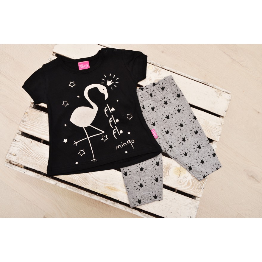 Komplet dziewczęcy legginsy bluzeczka krotki rękaw LATO r.6-18msc czarny z flamingiem