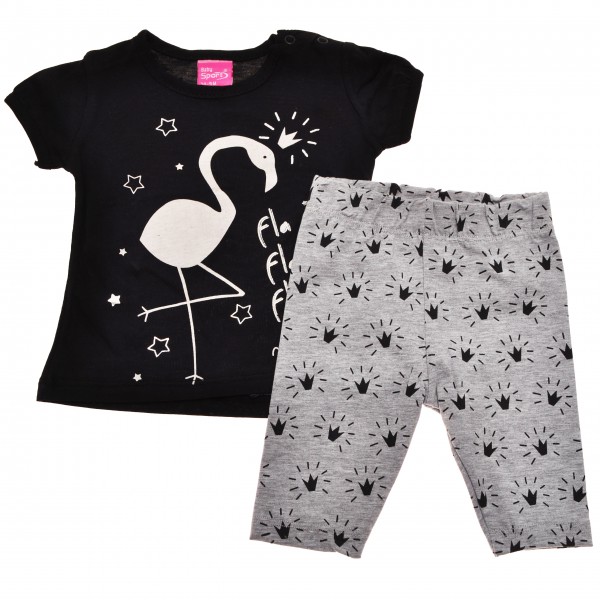 Komplet dziewczęcy legginsy bluzeczka krotki rękaw LATO r.6-18msc czarny z flamingiem