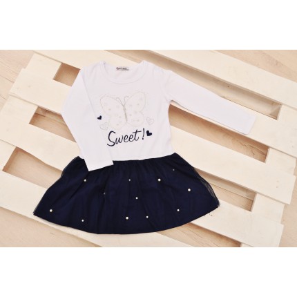 BIAŁO-GRANATOWA SUKIENKA z tiulem MOTYLEK rozkloszowana