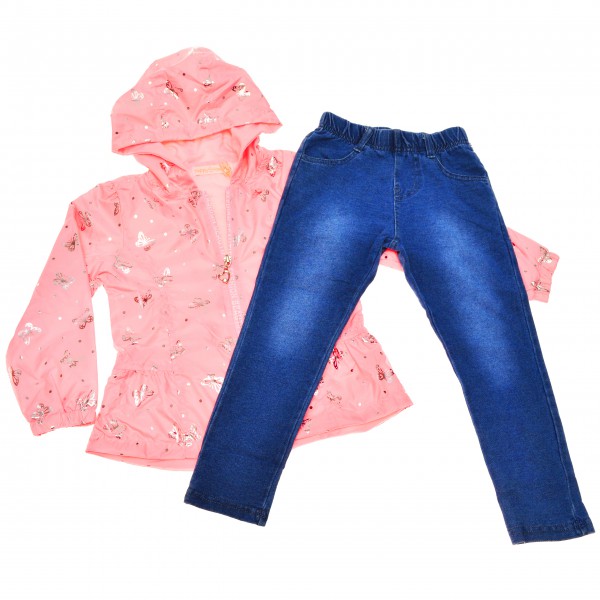 Komplet dziewczęcy kurteczka przeciwdeszczowa, spodnie jeans, różowy r.9-24msc błyszczące motylki